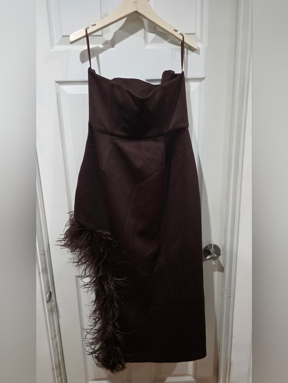 Delfi Collective Jocelyn Strapless Satin Feather Trim Midi Dress Chocolate Brown - Picture 3 of 6
